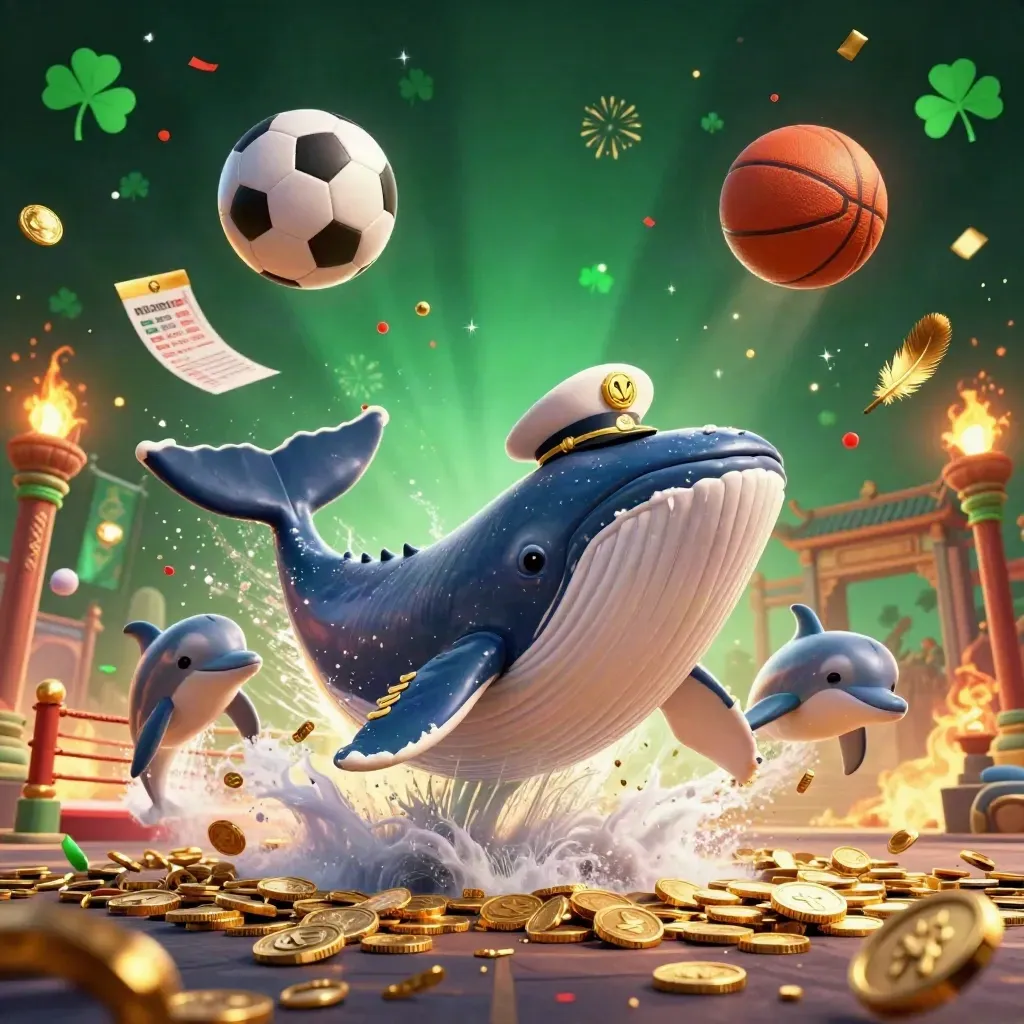 Whale, narwhal and dolphins burst through coins around balls and casino props in neon gold and emerald.