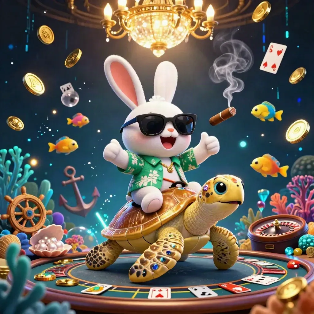 Lucky cartoon rabbit rides a jeweled golden sea turtle through a glowing casino treasure cove.