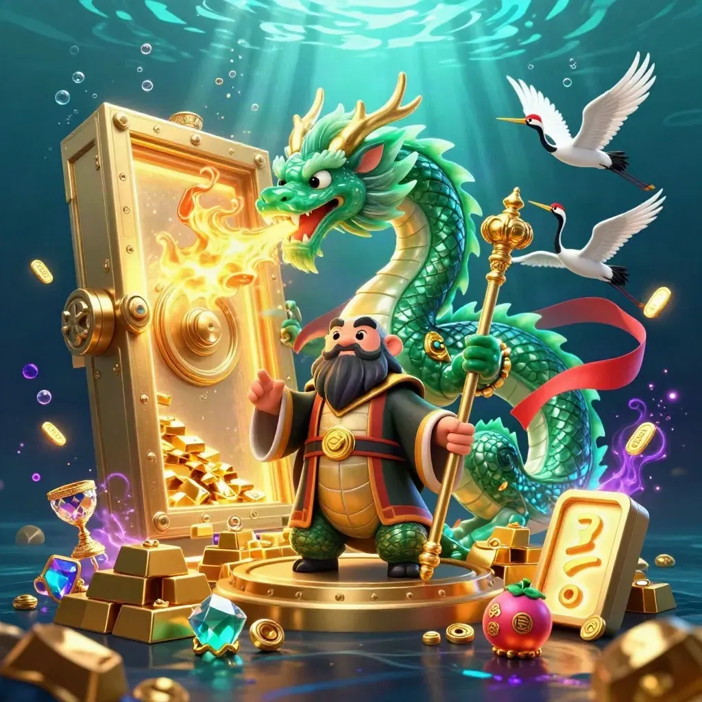 Emerald dragon, turtle sage, and cranes burst gold treasure in a neon underwater casino scene.