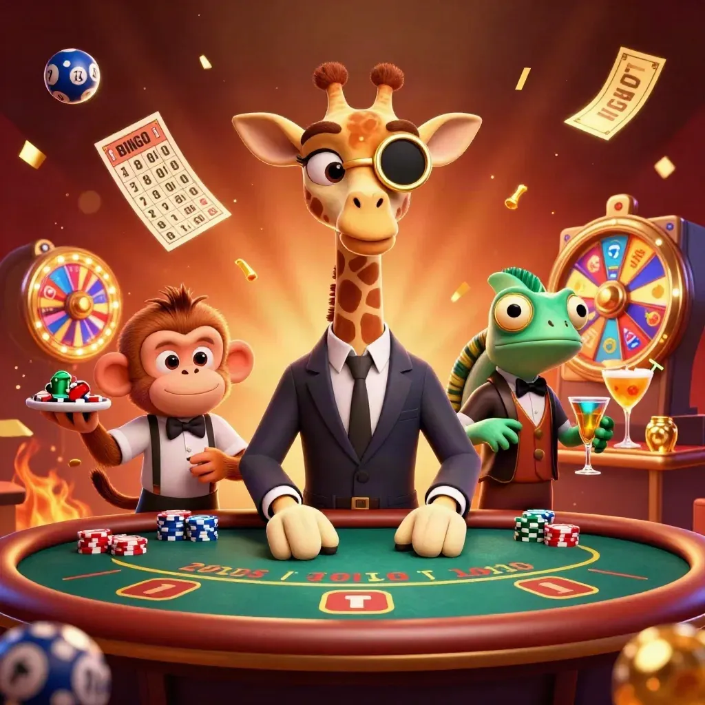 Giraffe, monkey, and chameleon at a glowing casino table with balls, tickets, and a prize wheel.