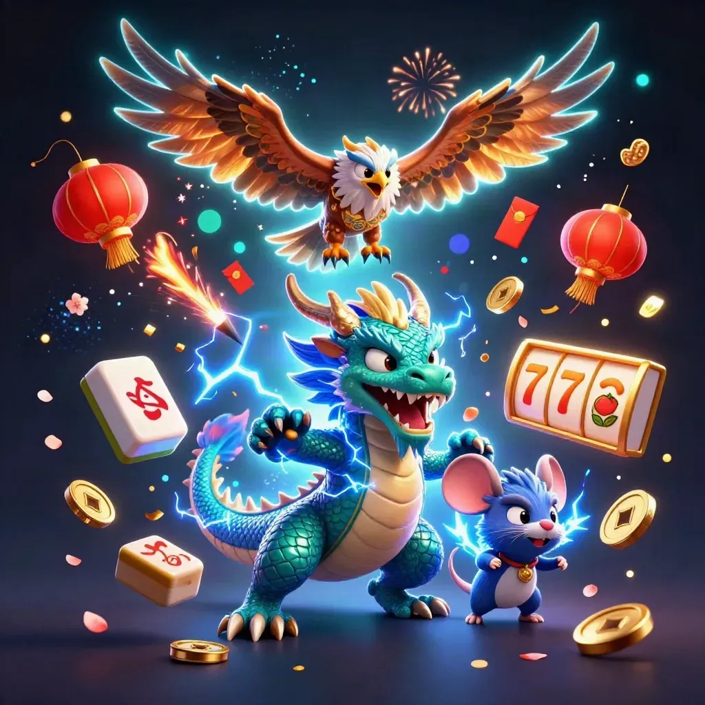 Thunder dragon, wind hawk, and static mouse burst amid casino luck icons and blue lightning.