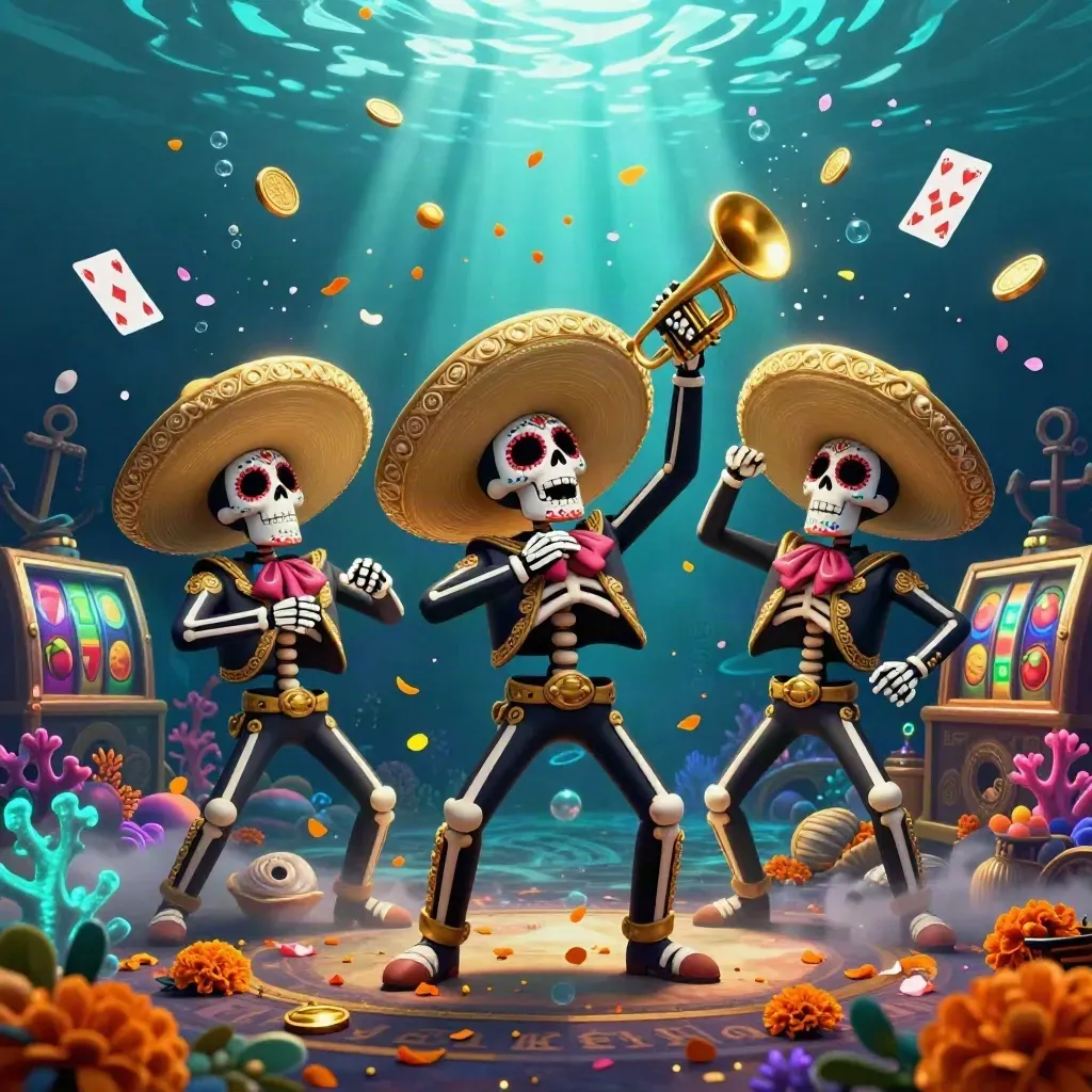 Skeleton mariachi trio in a glowing underwater treasure cove with gold coins, coral, and magical casino props