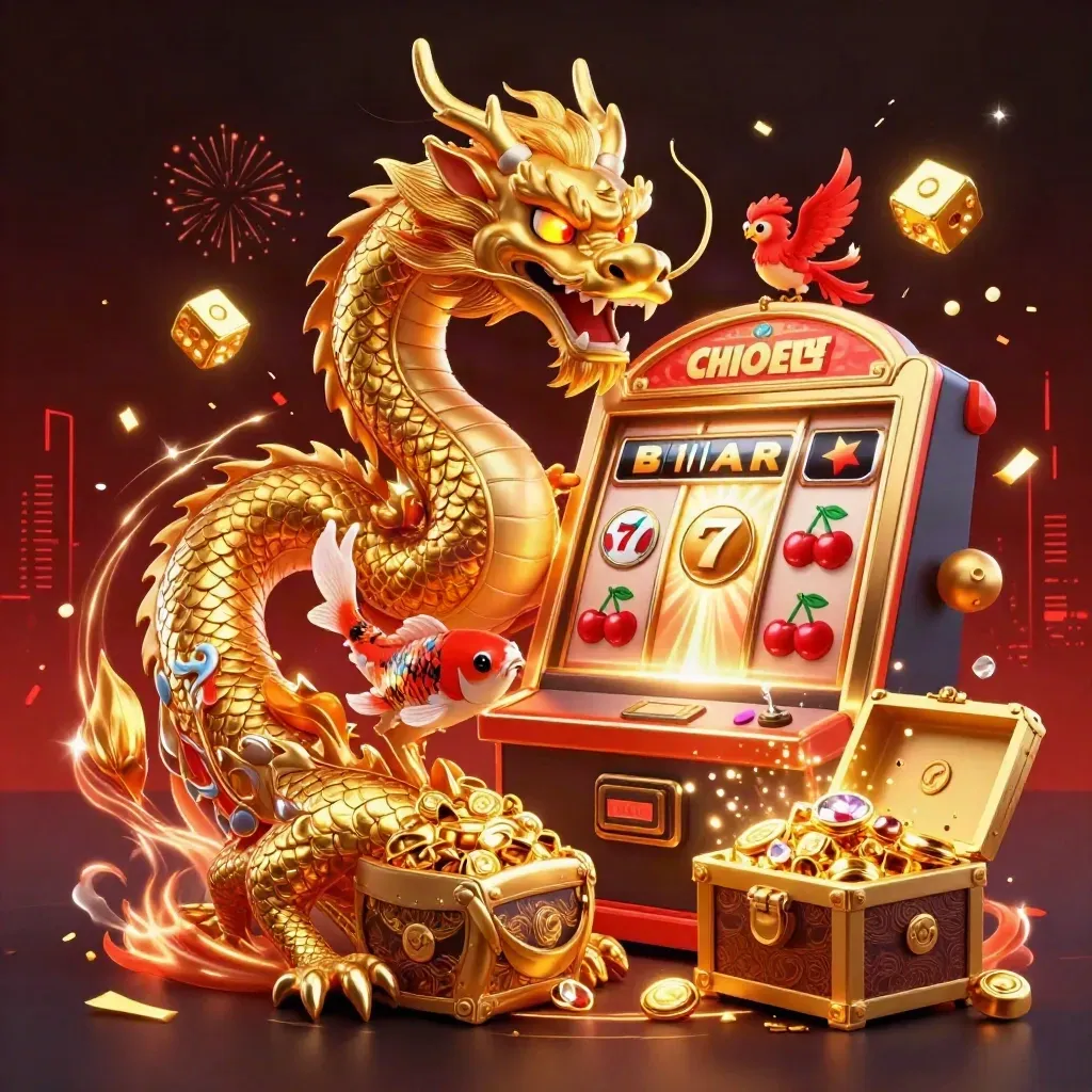 Golden dragon, phoenix, koi, treasure, and bursting casino effects in a neon premium scene
