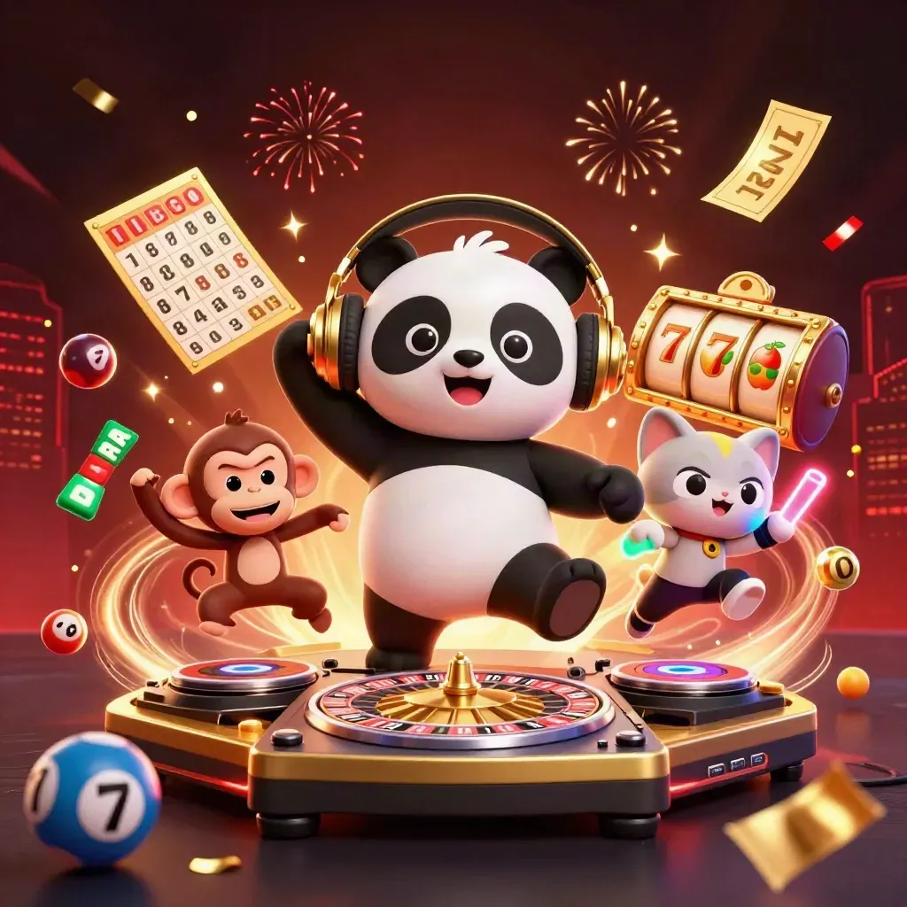 DJ panda, monkey, and kitten amid casino bursts, coins, reels, and fireworks.