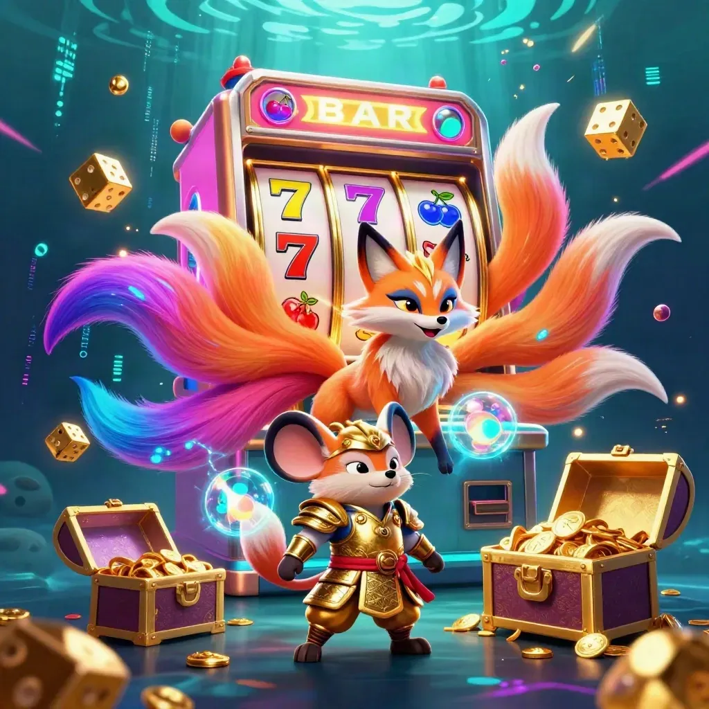 Nine-tailed fox spirit and samurai mouse amid slot burst, gold, neon rays, underwater glow.