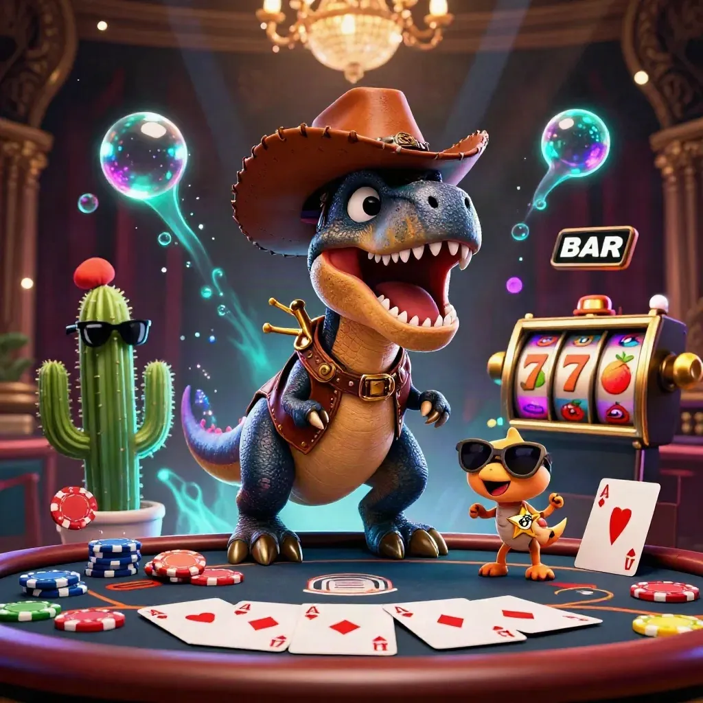 Cartoon cowboy T-rex, cactus, and roadrunner erupt amid casino cards, chips, reels, and neon glow.