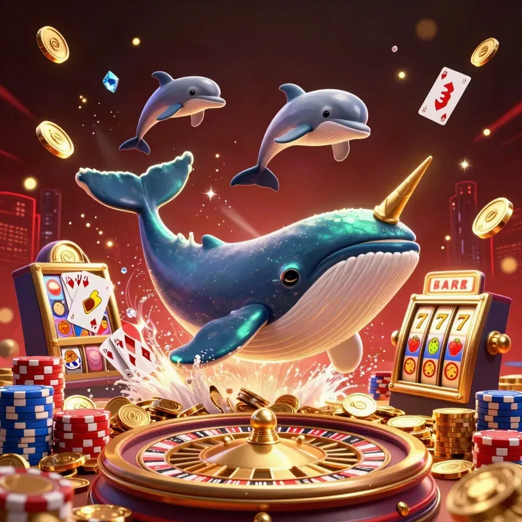 Whale captain, narwhal, and dolphins in a casino coin storm with glowing reels and chips.