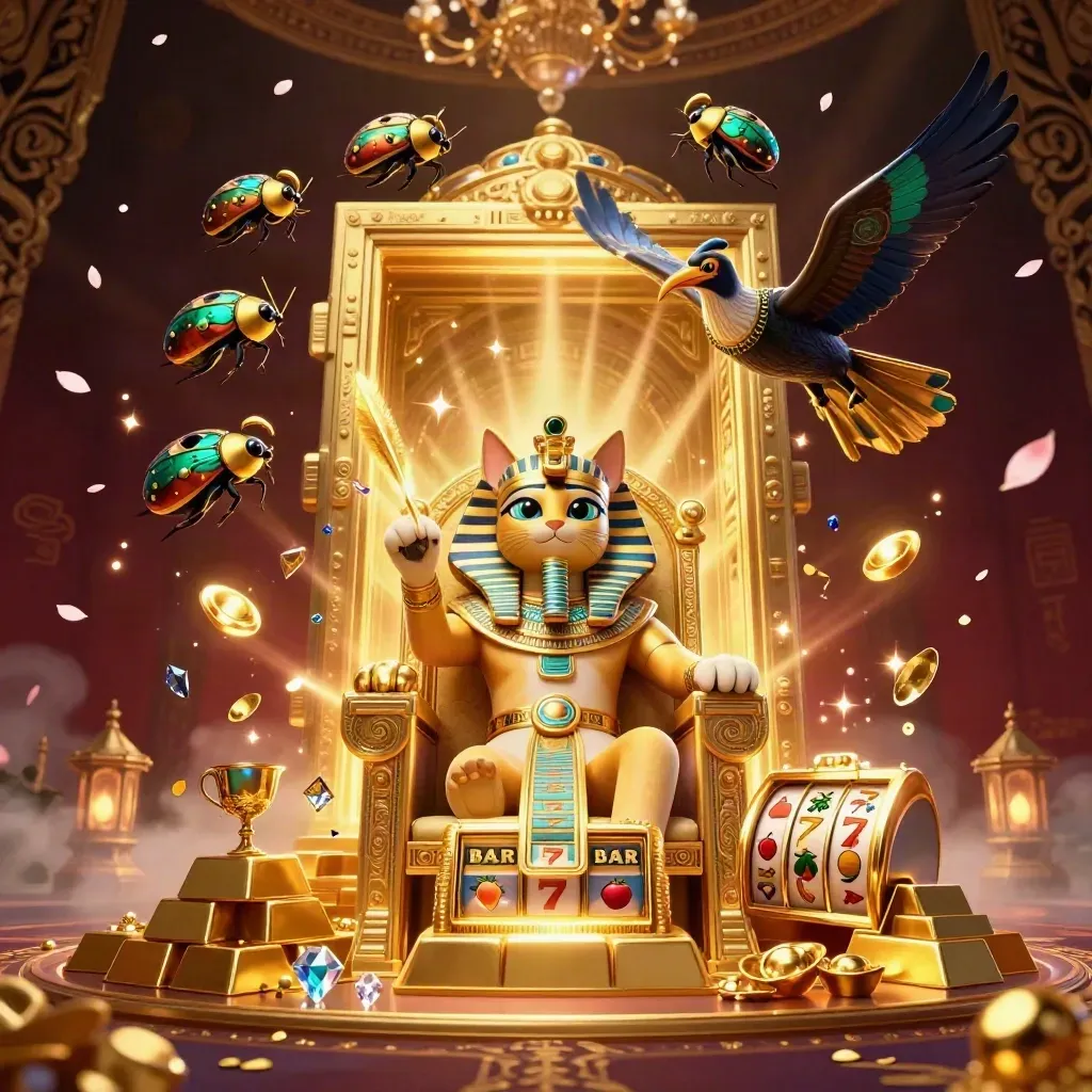 Pharaoh cat, ibis scribe and jeweled scarabs burst from a golden vault in a dark casino glow.